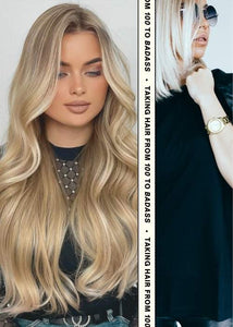 WEFTBAR Hair Extensions: women with straight blonde hair extensions